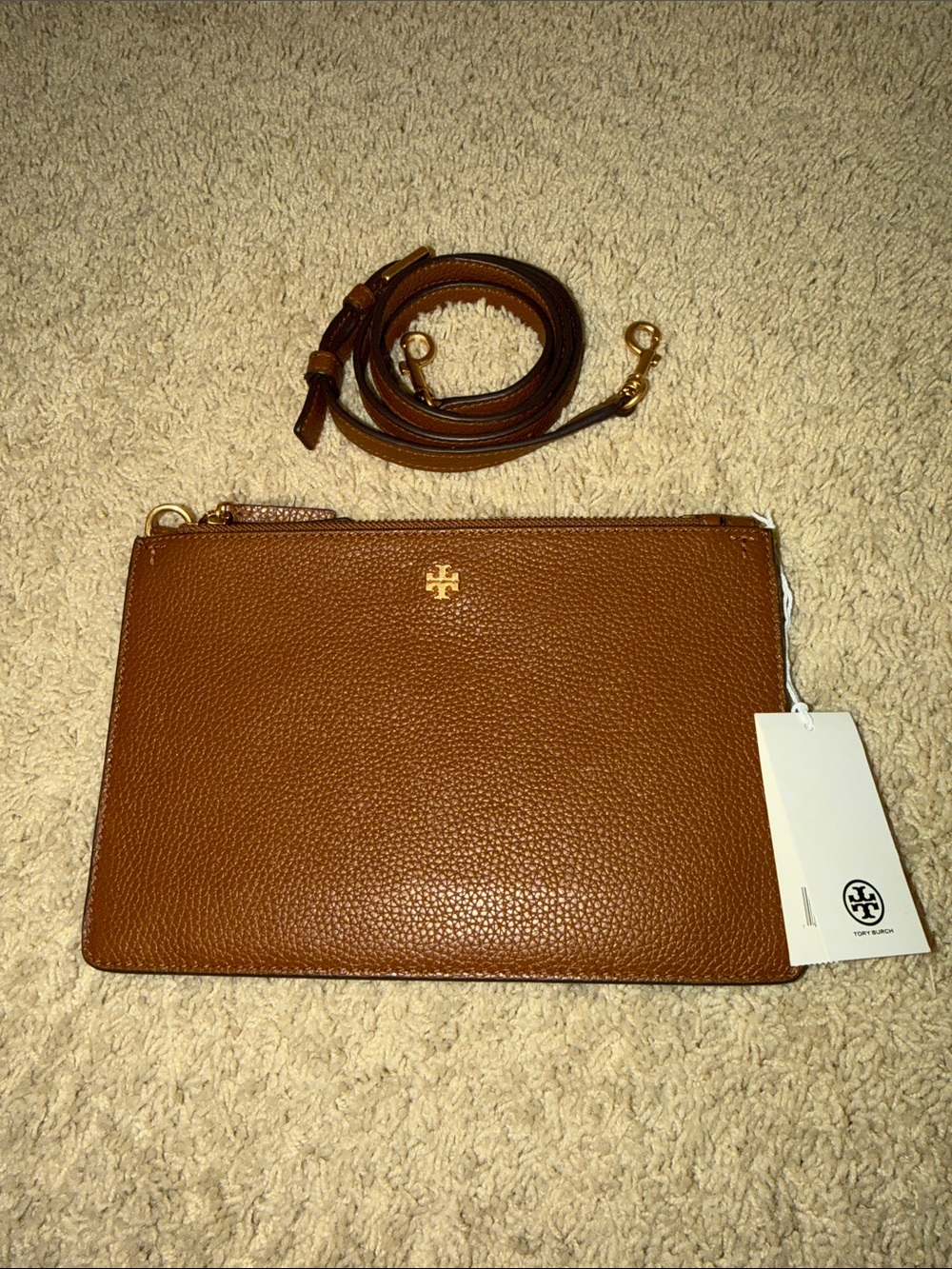 Tory Burch Blake Double Zip Slim Crossbody bag in a brown pebbled leather